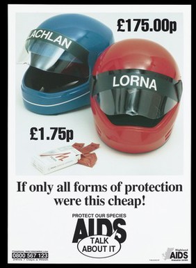 Two motorbike helmets with the names Lachlan and Lorna next to a packet of Mates condoms; representing the price of protection against AIDS by the Highland Aids Resource Centre. Colour lithograph.