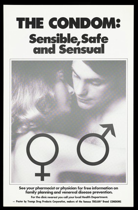 A naked couple embrace with the male and female symbols; advertisement for the use of condoms to prevent venereal diseases like AIDS. Black and white lithograph.