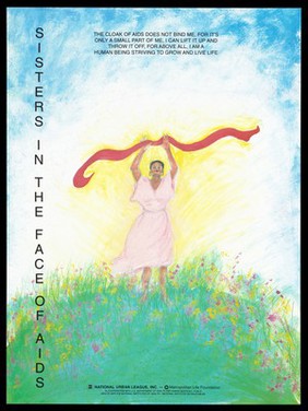 A black woman stands in a field with flowers holding a red ribbon above her head with the sun behind; advertisement by the National Urban League, Inc for those with or affected by AIDS. Colour lithograph by P. Beane.