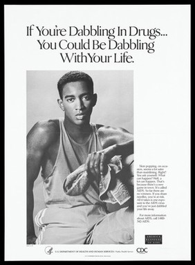 A young black man in a tracksuit holding a towel representing the risks involved in dabbling with drugs; advertisement about AIDS by the U.S. Department of Health and Human Services. Black and white lithograph, 1993