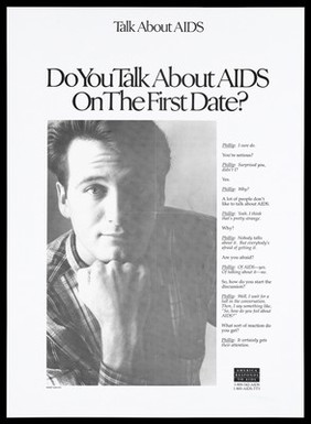 A man in a check shirt leans his chin on his knuckles; representation of the risk of AIDS in new relationships with text relating to an interview about how to broach the subject of AIDS on first dates; an advertisement by the U.S. Department of Health and Human Services. Black and white lithograph, 1994