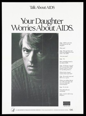 A man looks looks directly out at the viewer with an interview about how talk to your children about AIDS; advertisement by the U.S. Department of Health and Human Services. Black and white lithograph, 1991.