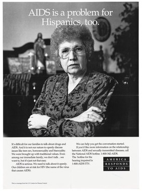 A middle-aged woman in glasses with her arms crossed, a statue of Christ in the background and a warning about the problem of AIDS and hispanics; a poster from the America responds to Aids advertising campaign. Black and white lithograph.