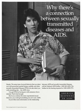 A man leans against some lockers holding two books with a warning about the connection between sexually transmitted diseases and AIDS; a poster from the America responds to Aids advertising campaign. Black and white lithograph.