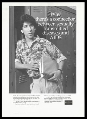 A man leans against some lockers holding two books with a warning about the connection between sexually transmitted diseases and AIDS; a poster from the America responds to Aids advertising campaign. Black and white lithograph.