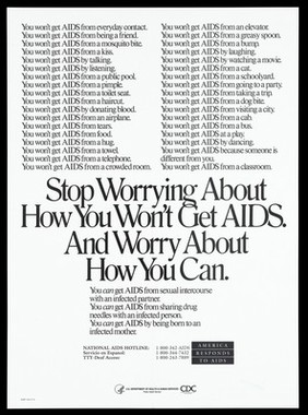 A list of ways in which you can and can't get AIDS; a poster from the America responds to Aids advertising campaign. Black and white lithograph, 1991