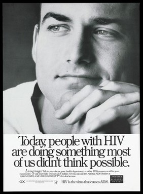 The face of a man with one hand on his chin representing a man who appears positive about being HIV; a poster from the America responds to Aids advertising campaign. Black and white lithograph.