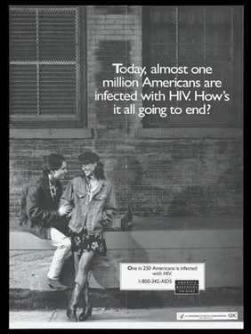 A man sits on a wall holding the arm of a woman who smiles representing a couple who may have HIV; a poster from the America responds to Aids advertising campaign. Black and white lithograph.