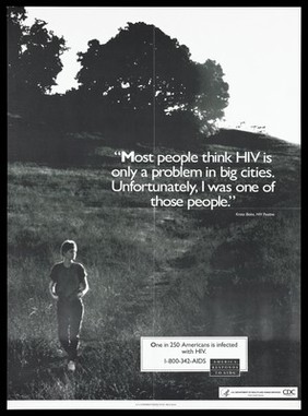 Krista Blake, a woman who is HIV positive, runs through a field; a poster from the America responds to Aids advertising campaign. Black and white lithograph, 1993.