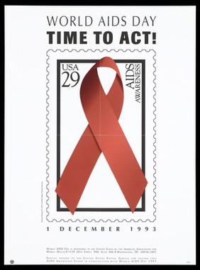 A red ribbon representing an AIDS Awareness stamp; advertisement for World AIDS Day, December 1 1993 by the American Association for World Health. Colour lithograph, 1993.