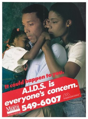 A black man with his wife and child representing a family affected by AIDS; advertisement by the School of Medicine at the University of Miami. Colour lithograph.
