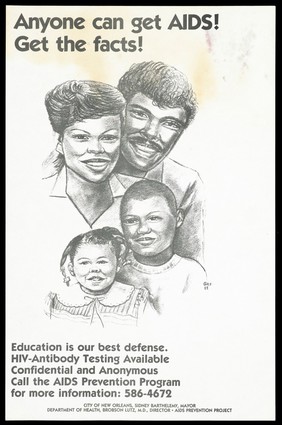 A black family representing an advertisement for the AIDS Prevention Program in New Orleans. Lithograph by Ghee, 1988.