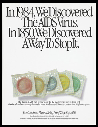 Packets of coloured condoms; advertisement for the Maryland AIDS hotline. Colour lithograph by Jerry Seidl, 1988.
