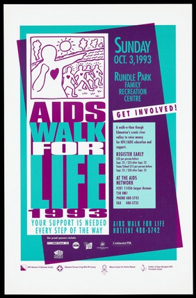 Silhouettes of figures with hearts walking representing an advertisement for the AIDS Walk for Life at Rundle Park Family Recreation Centre, Edmonton Canada, 3 Oct. 1993. Colour lithograph.