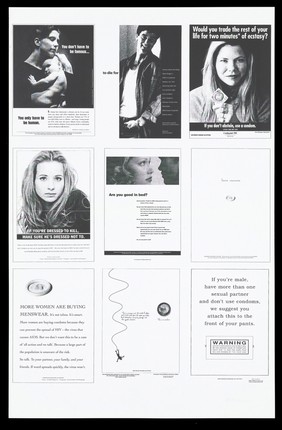 Nine posters promoting the benefits of sexual abstinence and warnings about the importance of condoms and safe sex by the National AIDS Stategy, Health Canada. Lithograph.