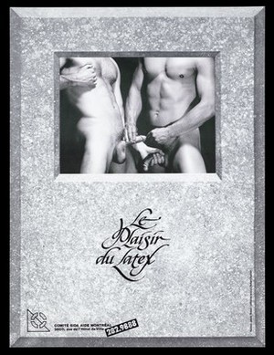 view A naked man puts a condom on the penis of another man who holds his nipple against a mottled background; advertisement for safe sex by the Comité SIDA aide Montréal. Lithograph by Robert Laliberté and Robert Ouellet, 1989.