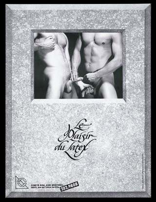 A naked man puts a condom on the penis of another man who holds his nipple against a mottled background; advertisement for safe sex by the Comité SIDA aide Montréal. Lithograph by Robert Laliberté and Robert Ouellet, 1989.