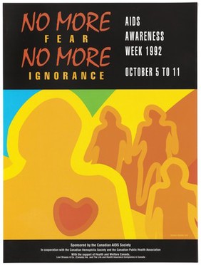 Silhoutte of figure with heart with three other figures in background; an advertisement for AIDS Awareness Week October 5 to 11, 1992 by the Canadian AIDS Society. Colour lithograph by Tohu Bohu, 1992.