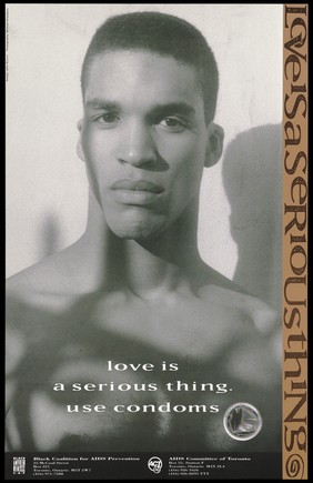 A black man whose shadow is reflected on a wall behind, with a condom; advertisement for safe sex by the Black Coalition for AIDS Prevention and the AIDS Committee of Toronto. Colour lithograph by Michael Chambers.