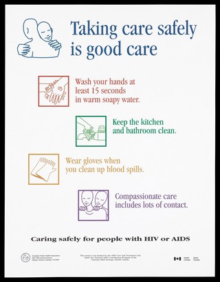 Verso: two people hugging with list of ways of taking care from washing your hands to compassionate care for people with HIV/AIDS (English version); part of a project by the National AIDS Strategy, Health Canada. Colour lithograph.