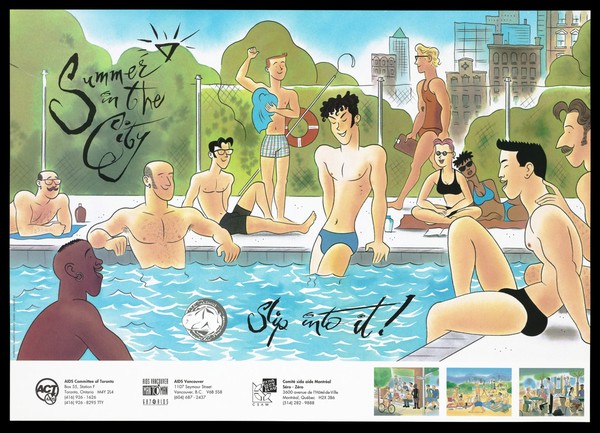 A condom with gay men and women lounging around an inner-city swimming pool with three smaller illustrations of other inner-city meeting venues for gay people; advertisement for safe sex and condoms by the AIDS Committee of Toronto. Colour lithograph by Maurice Vellekoop, 1992.