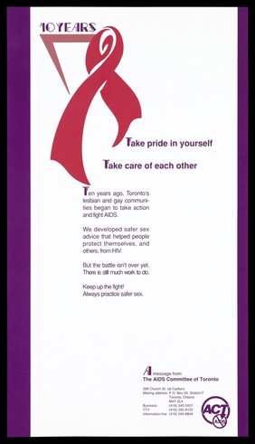 A red ribbon with a message to keep up the fight against AIDS by the AIDS Committee of Toronto. Colour lithograph, 1993.