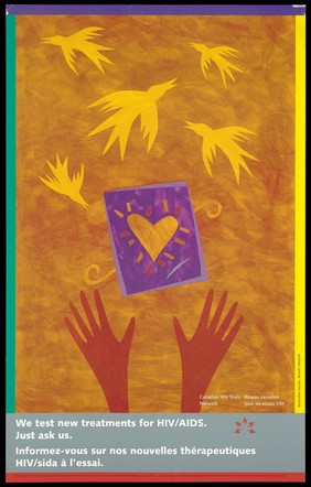 A pair of hands, a heart and birds in flight representing an advertisement for the Canadian HIV Trials Network. Colour lithograph by Beverly Deutsch.