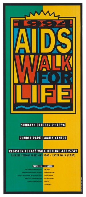 view Details of the AIDS Walk for Life on Sunday October 2nd 1994 at Rundle Park Family Centre, Edmonton, Canada. Colour lithograph by Robert Falconer and Cheryl Lieberman.