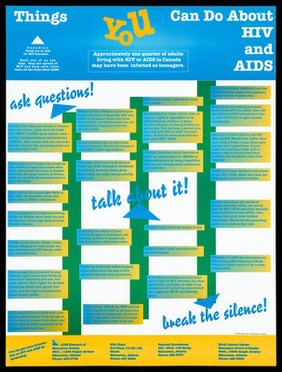 A list of things you can do about HIV and AIDS; advertisement by the The AIDS Network of Edmonton Society. Colour lithograph.