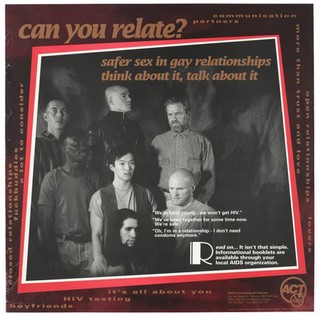 A group of men looking in different directions within a red and white border surrounded by comments about AIDS related issues; an advertisement for safer sex in gay relationships by the AIDS Committee of Toronto. Colour lithograph by Sandra Guerra and Paul Johnston, 1994.
