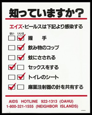 view A tick list of ways you can and can't get the AIDS virus from handshakes to sharing drug needles with details of the AIDS Hotline number in Oahu in Japanese. Colour lithograph.