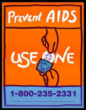 A pair of hands pulling out a condom from a packet with the 'o' of condom incorporated in the word 'use one'; safer sex advertisement by the Massachusetts Department of Pubilc Health. Colour lithograph.