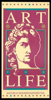 The head of Michelangelo's David representing an advertisement for an art auction benefiting the Columbus AIDS Task Force on Saturday, 5th August, 1989 at Battleship Building, Columbus. Colour lithograph by Rob Brown.