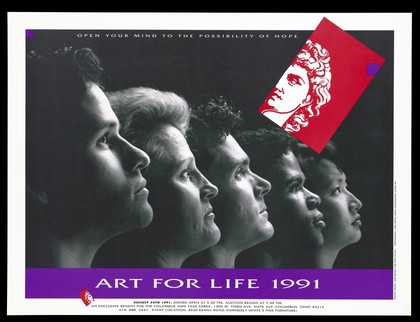 A row of heads look up at an image of Michelangelo's David; representing an advertisement for an art auction to benefit the CATF Columbus AIDS Task Force. Colour lithograph by Mike Motts of Motts Photographic Center Inc. and Rob Brown of Rob Does Design, 1991.
