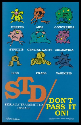 Personifications of sexually transmitted diseases with a warning 'Don't pass it on'; advertisement by Health Edco. Colour lithograph by V. Herschberger.