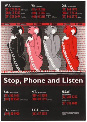 Two men and two women holding telephones representing an advertisement for the National Network of HIV/AIDS telephone counselling information and referral services, CAWISE, Australia. Colour lithograph, 1990.