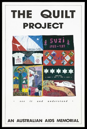 Panels from the Australian AIDS Memorial Quilt. Colour lithograph.