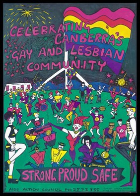 A green field littered with a variety of figures with fireworks representing a celebration of Canberra's gay and lesbian community by the AIDS Action Council and Department of Health and Community Care. Colour lithograph by Kath McCann, 1995.