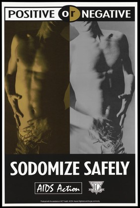 A man with open jeans feels his naked torso next to a negative version of the same image representing an advertisement for safe sex to prevent HIV and AIDS by the AIDS Action Council, Australia. Colour lithograph, 1994.