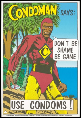 A black cartoon figure dressed in a red and yellow body suit bearing the letter 'C' for 'Condoman' holds a packet of condoms on a beach representing an advertisement for safe sex by the Department of Health, Housing and Community Services of the Aboriginal Health Workers of Australia. Colour lithograph.