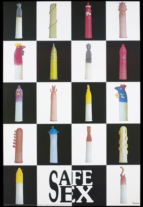 Coloured condoms on a chequered black and white background; representing an advertisement for safe sex by Verkerke C&L GmbH. Colour lithograph, 1995.