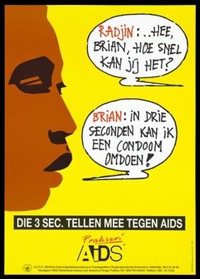 The side profile of the face of Brian, a black man with speech bubbles containing a conversation with Radjin about how quick it is to put on condoms; advertisement for safe sex by the N.I.A.D. (Nederlands Instituut voor Alcohol en Drugs). Colour lithograph by Laren, Tadberg Design.