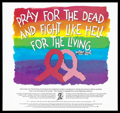 A red and pink ribbon against a rainbow of colours and a quotation from Mother Jones to pray for the dead and fight for the living; with an advertisement by the Syracuse Cultural Workers.