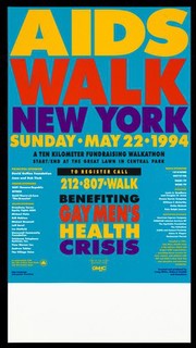 AIDS Walk New York Sunday May 22 1994. A ten kilometer fundraising walkathon start/end at the Great Lawn in Central Park ... benefiting Gay Men's Health Crisis ... Principal sponsors: David Geffen Foundation, Joan and Bob Tisch ... supporting sponsors American Express Company ... Created and produced by Craig Miller, Richard Zeichik and Associates. In cooperation with the City of New York Parks and Recreation Dept ...