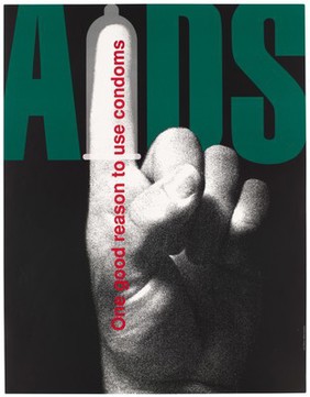 The index finger of a fisted hand wearing a condom and forming the 'i' of AIDS; an advertisement for safe sex by Alfred University of New York. Colour lithograph by John Bloom.