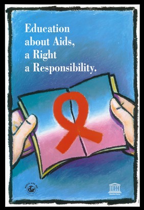 A pair of hands holding an open book bearing the AIDS red ribbon in the centre representing an advertisement for World AIDS Day, 1st December 1995 by the UNESCO Programme of Education for the Prevention of AIDS. Colour lithograph.