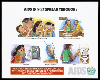 Images that demonstrate that AIDS is not spread through social contact. Colour lithograph, ca. 1995.