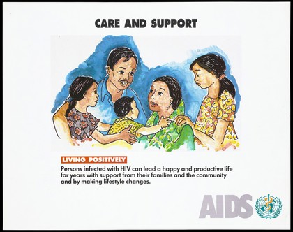 An HIV positive woman being comforted by her husband and children; advertisement by the World Health Organization for living positively with HIV. Colour lithograph, ca. 1995.