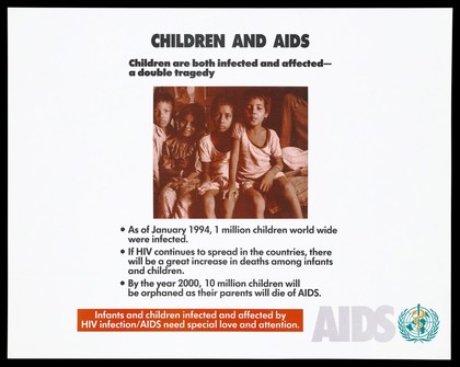 Children, representing children worldwide who are infected or affected by AIDS; advertisement by the World Health Organization (WHO). Colour lithograph, 1994.