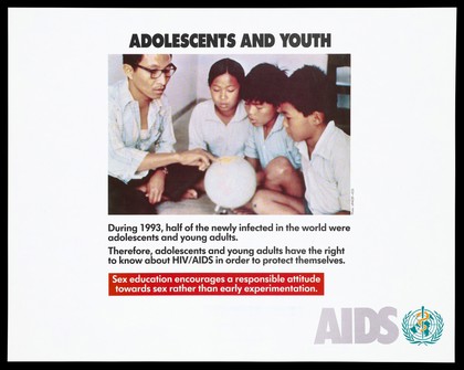 An Asian man points to a globe watched by three youths representing an advertisement for sex education to prevent the spread of HIV/AIDS by the World Health Organization (WHO). Colour lithograph, 1994.